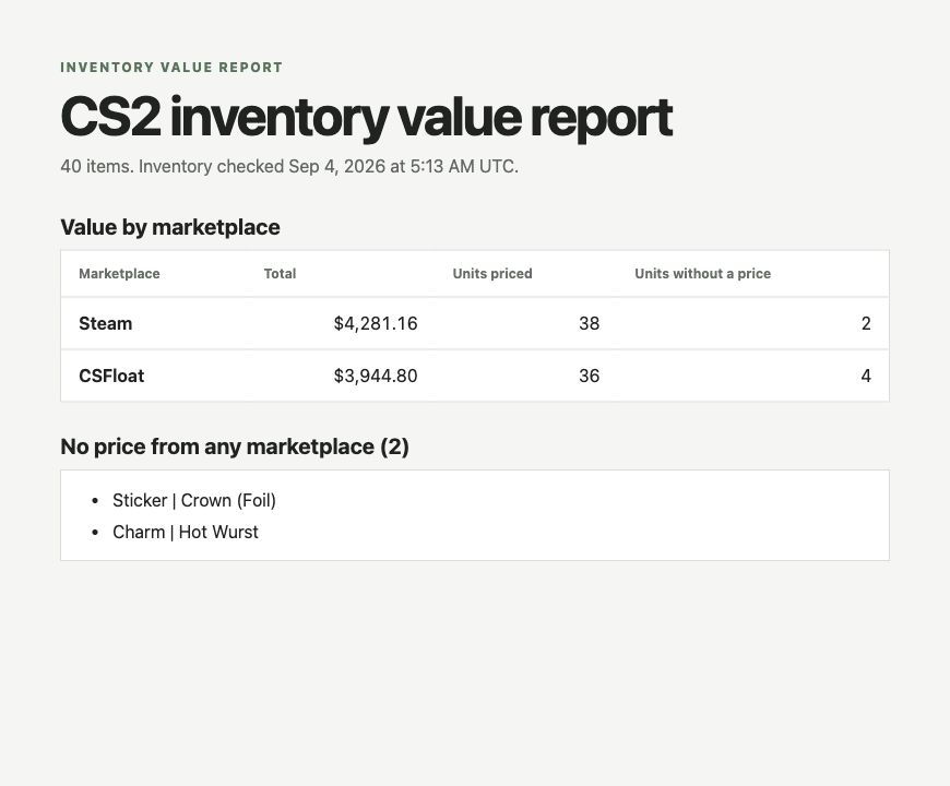Completed CS2 inventory value report with marketplace totals and unit counts