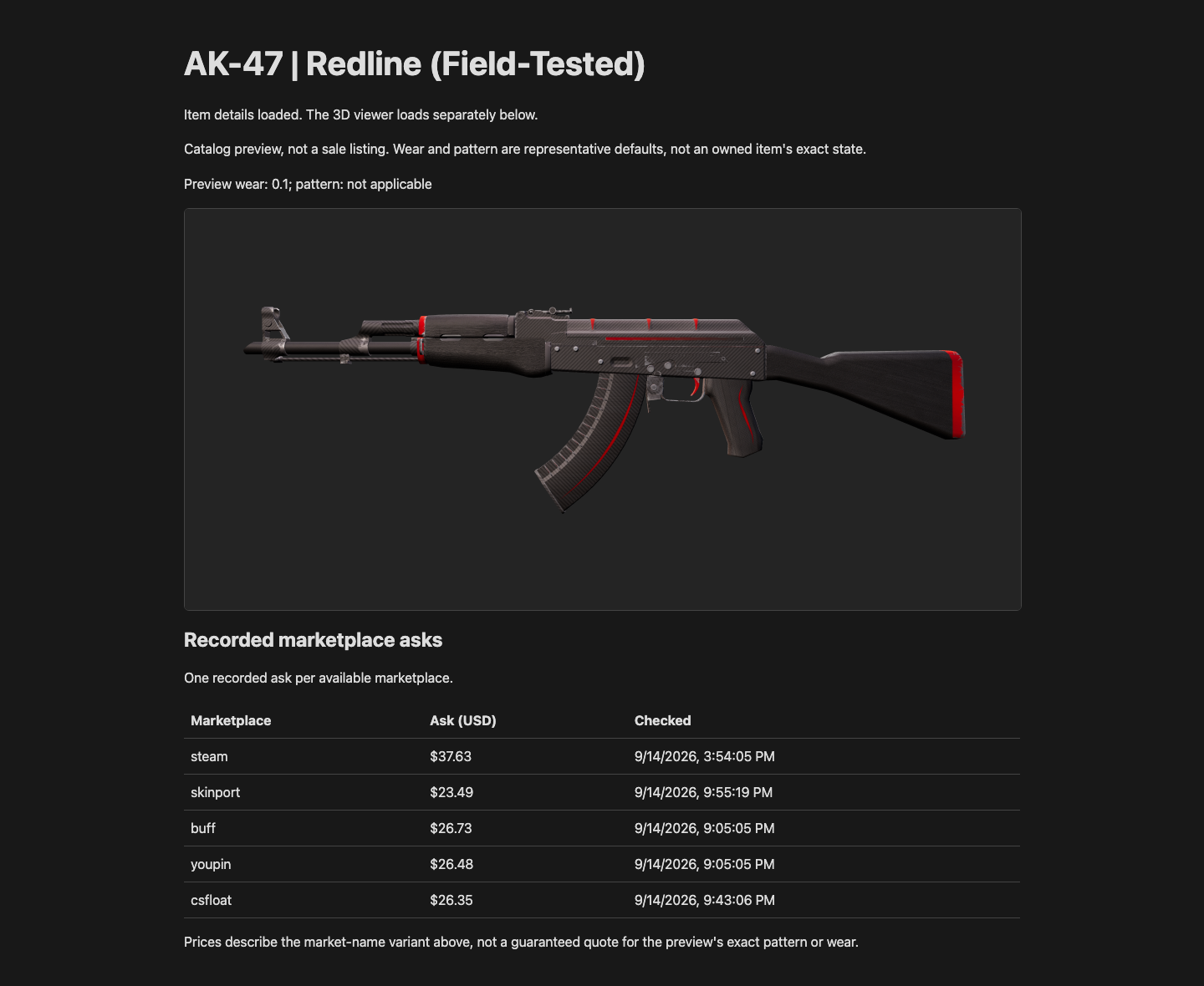 Completed Redline item page with an interactive 3D preview and five marketplace asks