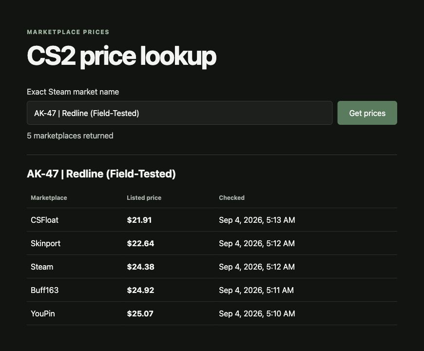 Completed CS2 price lookup page showing marketplace prices and checked times